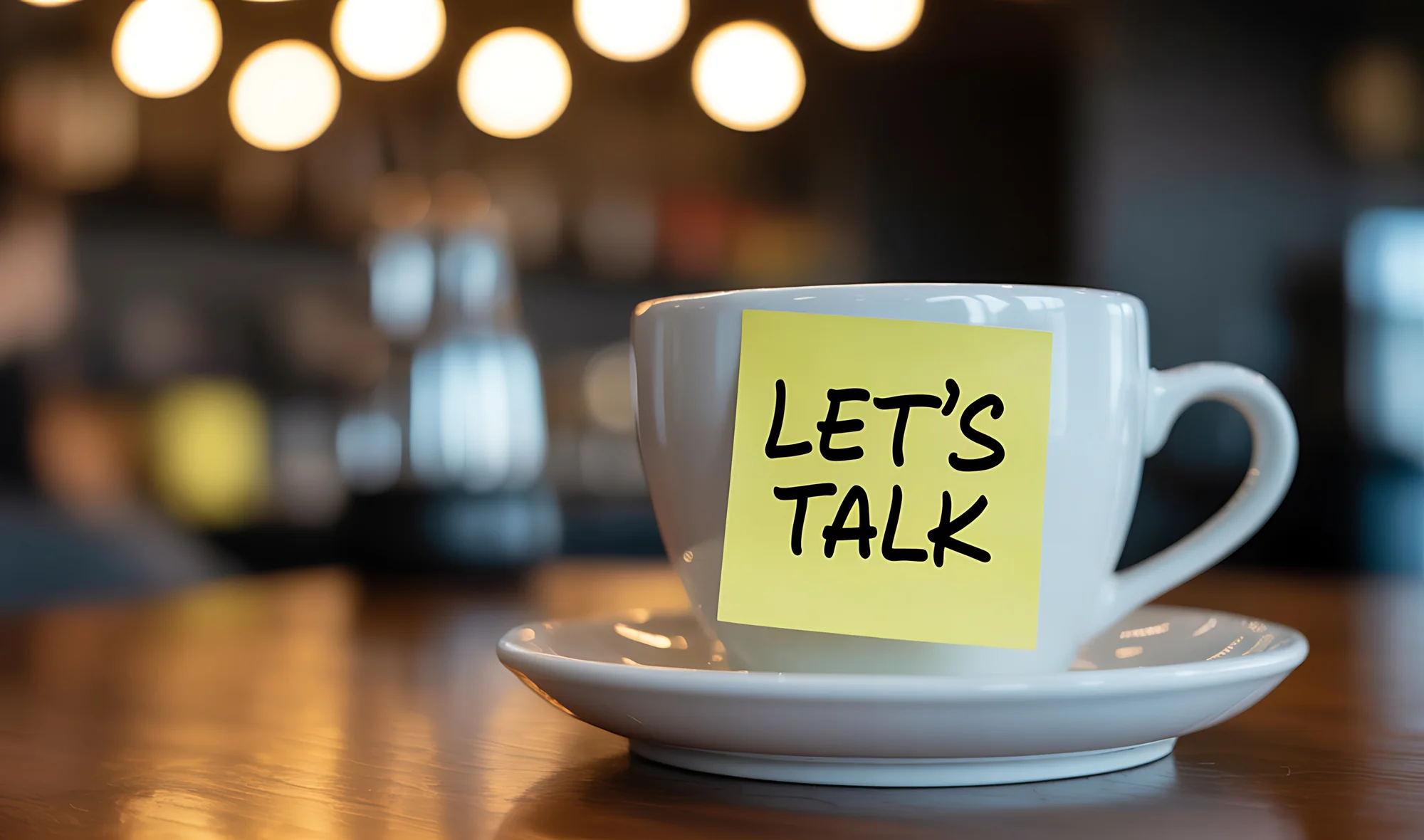 Une tasse de café portant un mot « Let's talk »